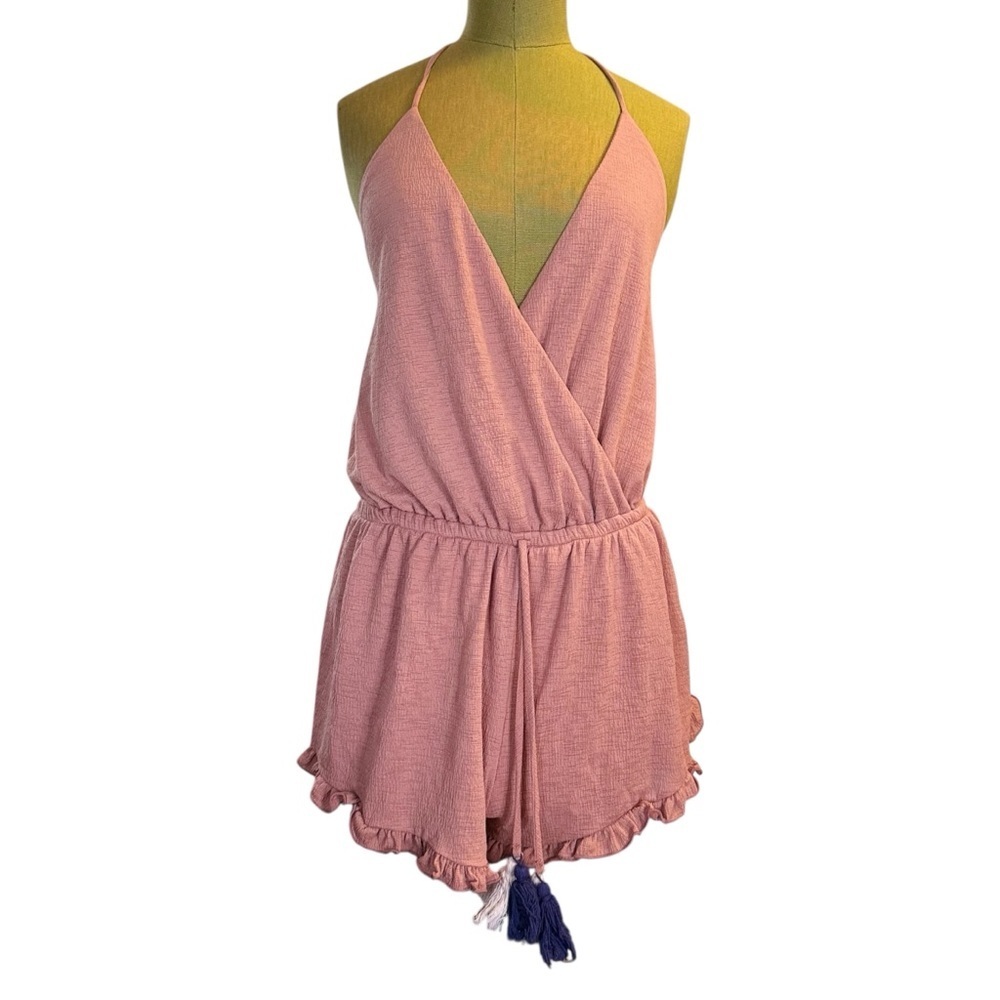Pink ruffle romper with adjustable straps. Medium.